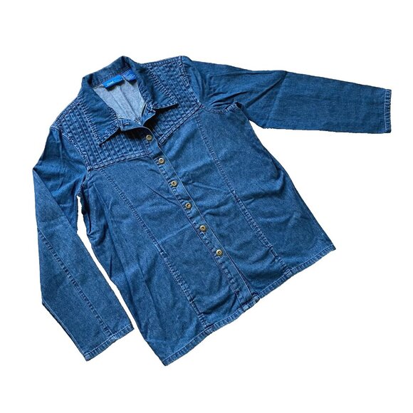 Denim Button Up Women's Shirt with Pleated Yoke Vintage 90s Cloud Nine Pockets - Picture 3 of 8